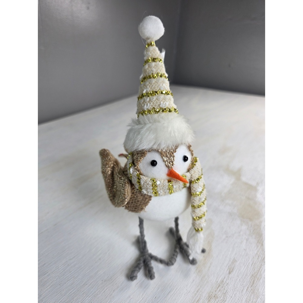 Holiday Winter Bird Figurine Gold Knit Scarf Hat Christmas Decor Cottagecore